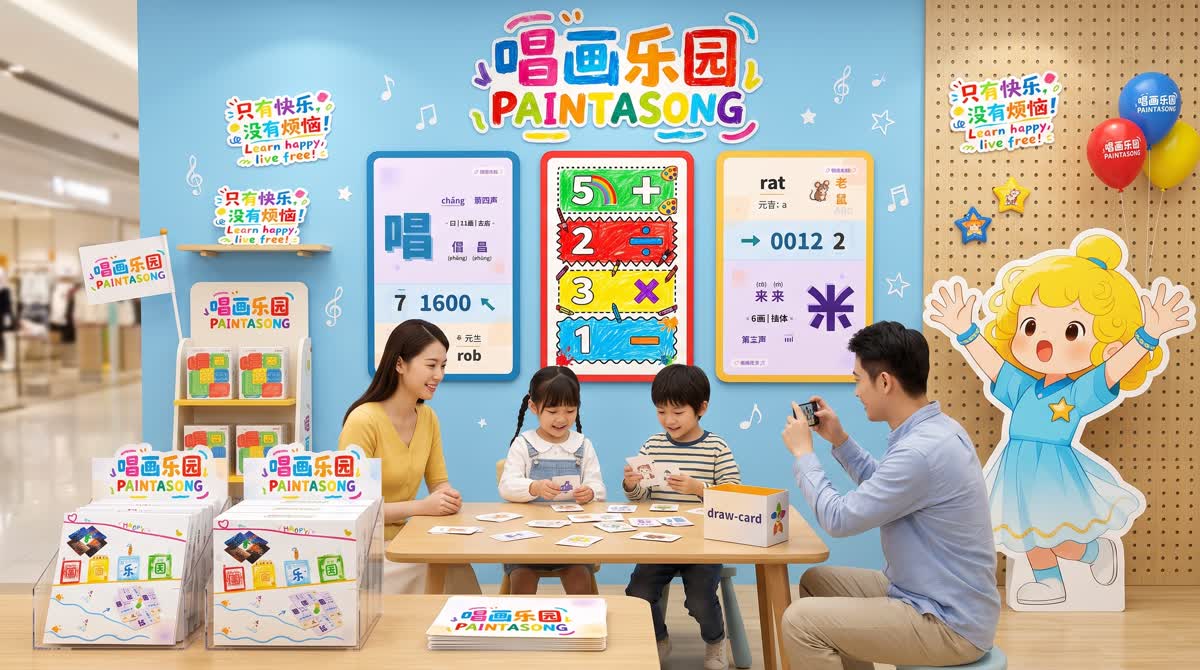 唱画乐园品牌活动体验区，孩子和家长可以一起玩卡牌、试任务、看见学习成果